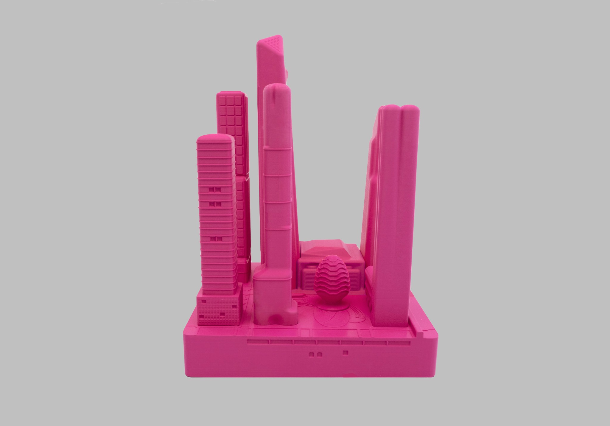 The complete pink Hudson Yards sculpture viewed from the front