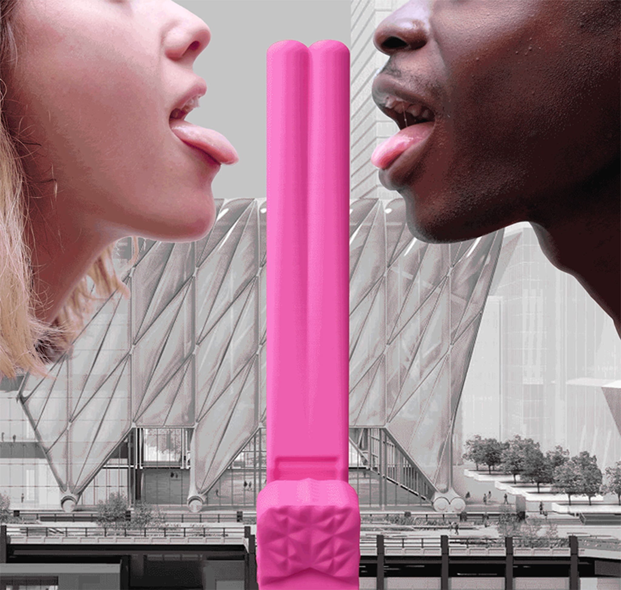 Pink architectural object set against Hudson Yards
